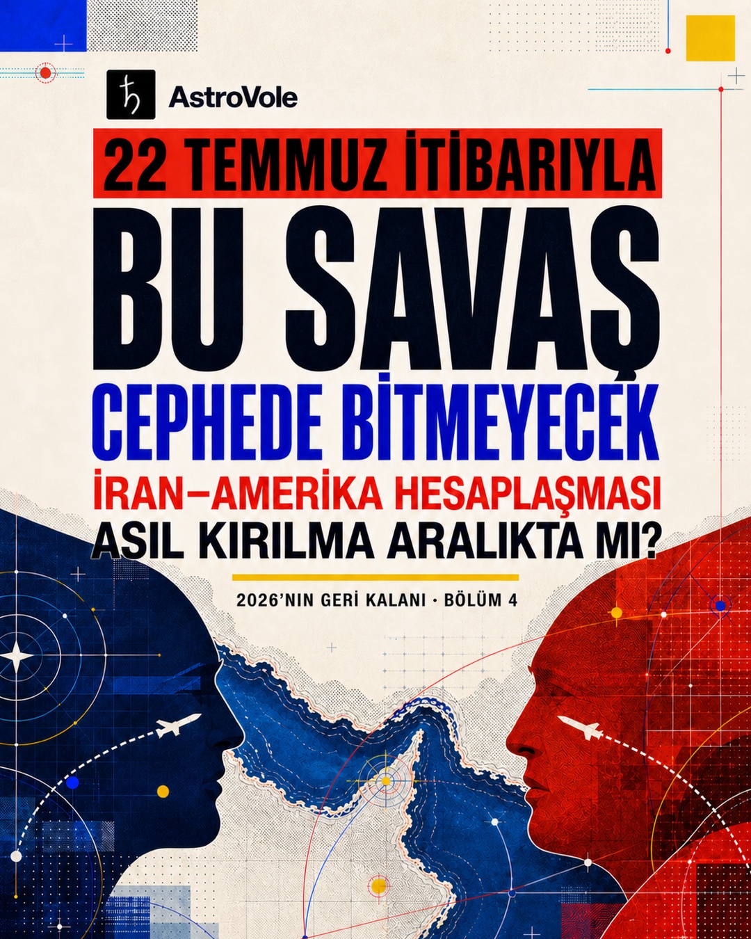 Hürmüz Boğazı haritası önünde karşı karşıya duran kırmızı ve lacivert figürlerle İran–Amerika savaşı editoryal kapağı